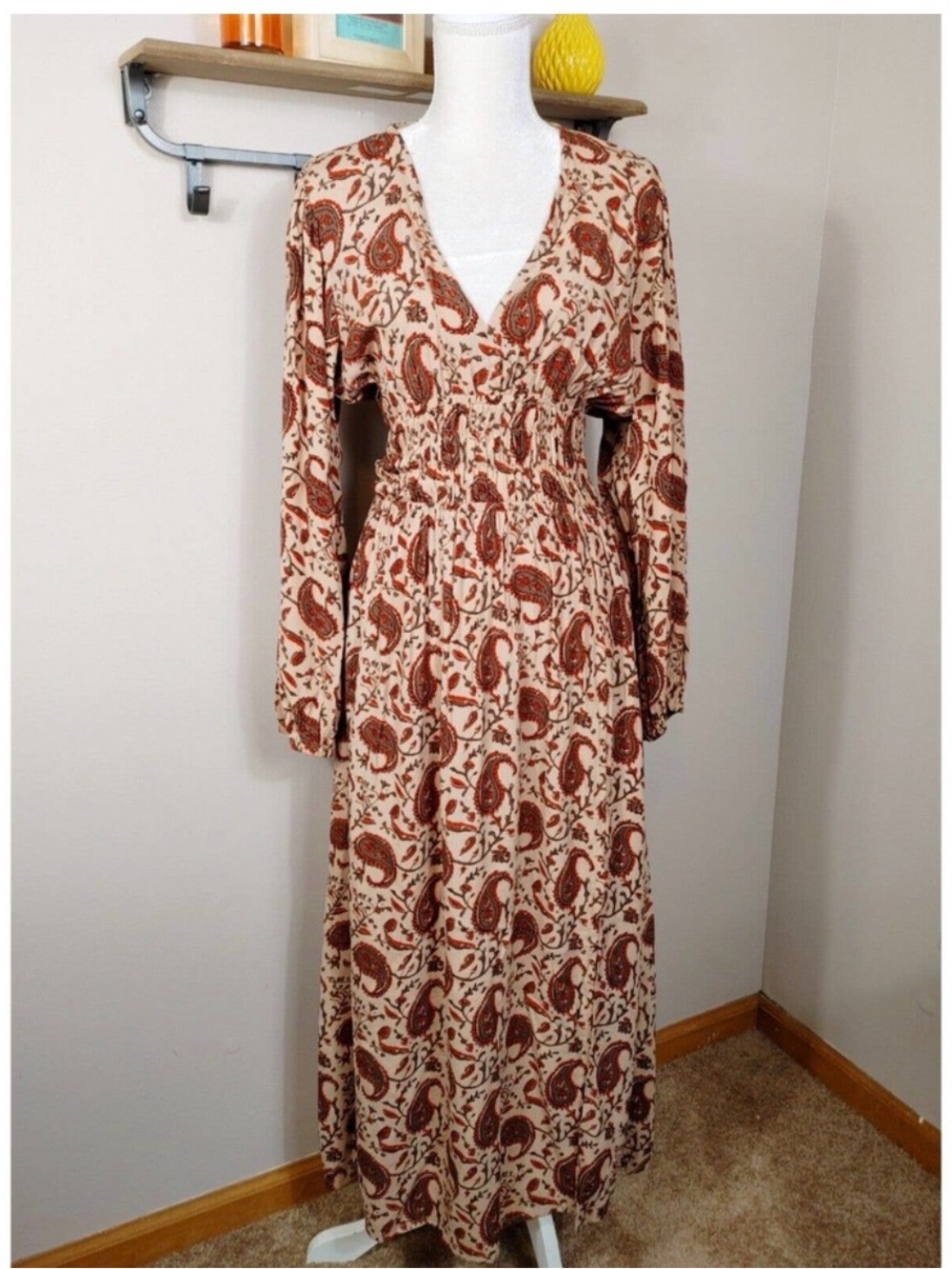 Anthropologie Brown Paisley V-Neck Midi Dress - Picture 2 of 6